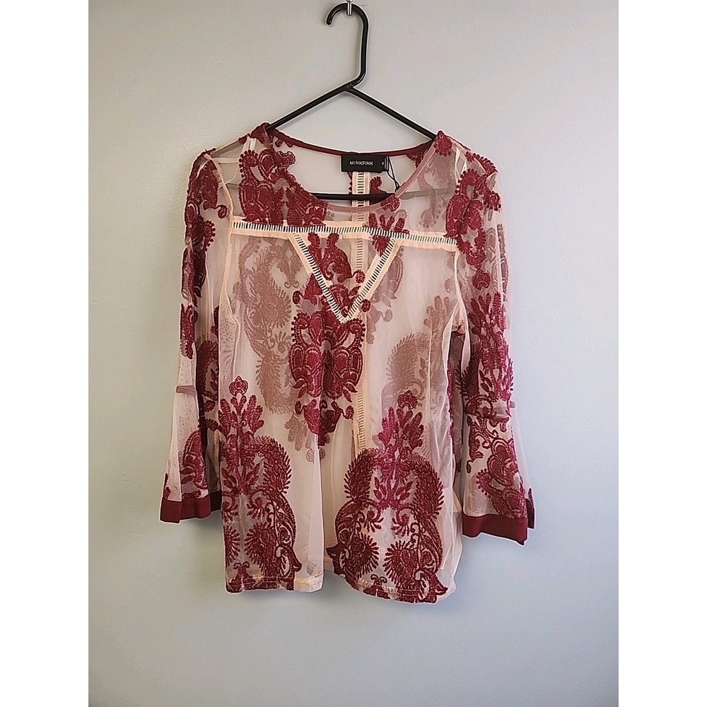 Minkpink Womens XS Embroidered Sheer Mesh Top Pink Tulle Burgundy Bell‎ Sleeves